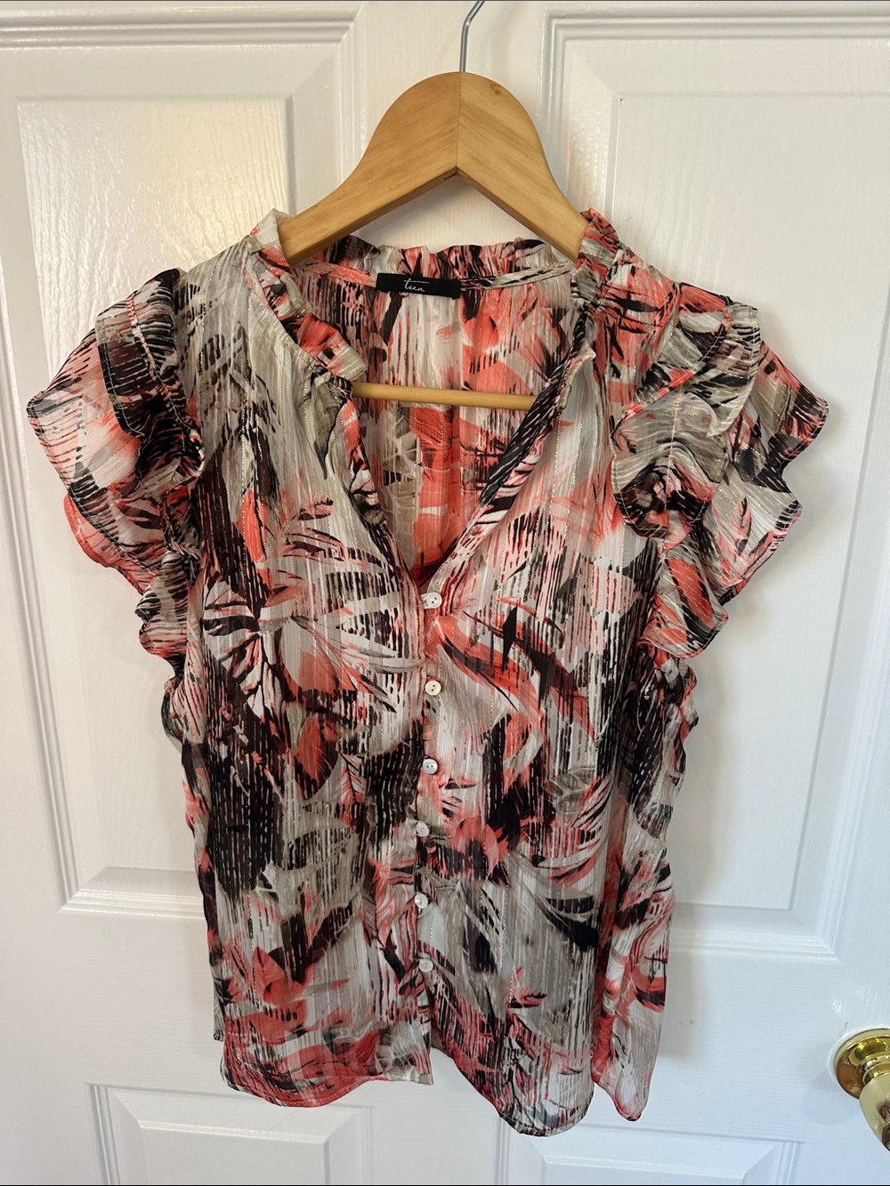 Tua Coral, Black & White Sheer Button-Front Ruffle Blouse